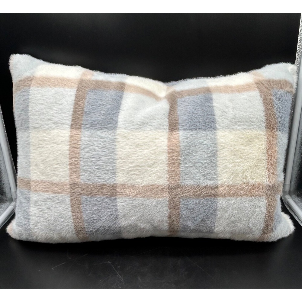 Adrienne Landau Home 15x20" Faux Fur Pillow Blue Beige White Plaid Mint